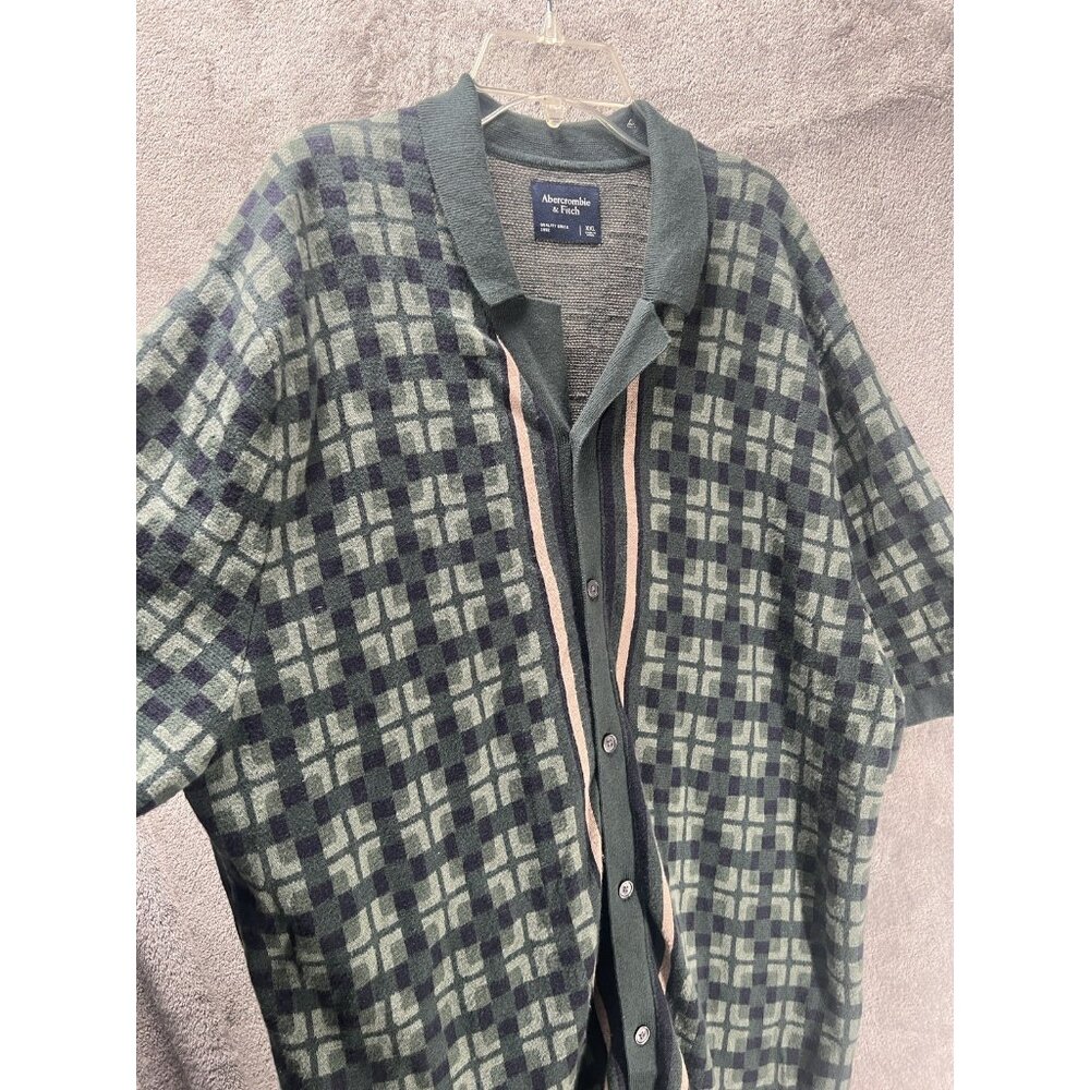 Abercrombie & Fitch Men's XXL Button Sweater Polo Green Patterned Retro 40s - Picture 2 of 6